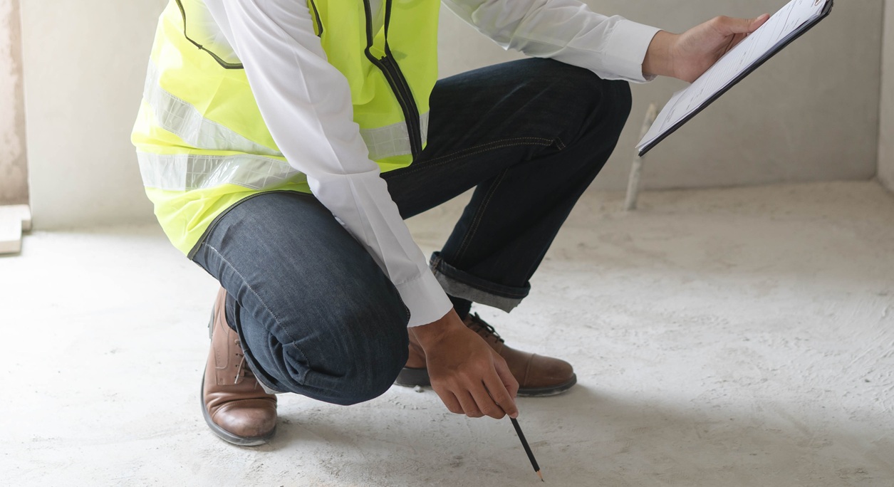 Builder inspection consultancy. Inspector checking material and structure in construction. Why it's important to have an independent surveyor - Desbruslais Chartered Surveyors